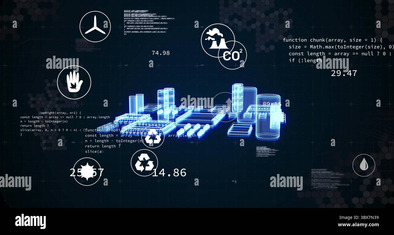 Showing industrial hologram glowing in virtual interface, with numeric overlays and code snippets Stock Photo