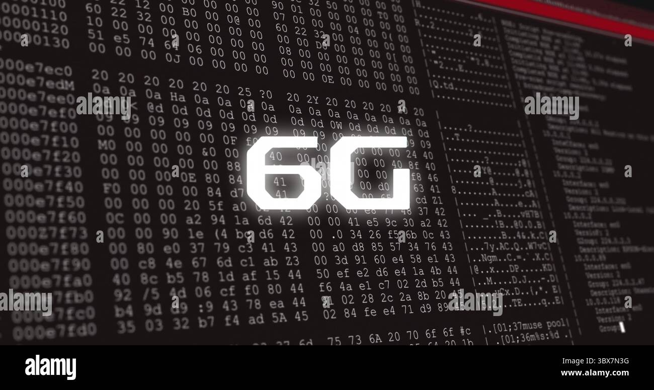 Displaying glowing 6G characters overlaying hex code and ASCII lines on ...