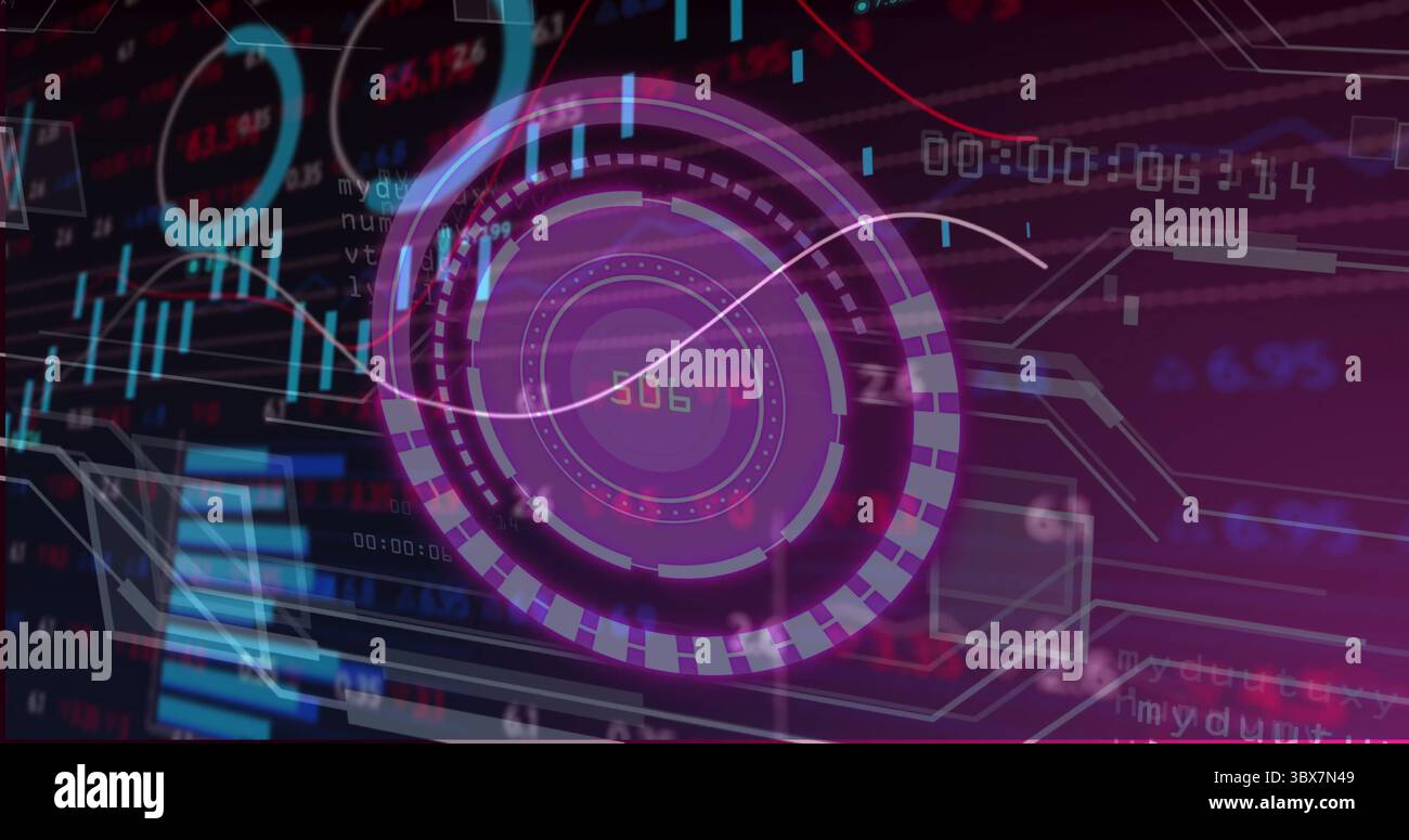 Displaying digital interface featuring circular HUD at center on screen, with streaming analytics Stock Photo