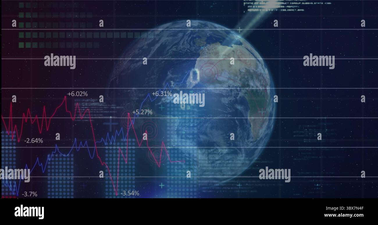 Digital 3D Earth globe shining in data interface, with gridlines, line graphs and percentage labels Stock Photo