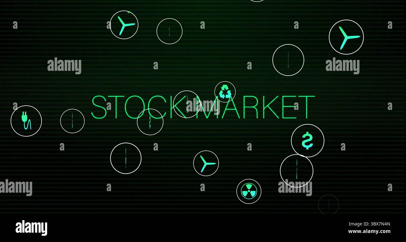 Displaying neon green STOCKMARKET text glowing on dark grid interface, featuring sector icons Stock Photo