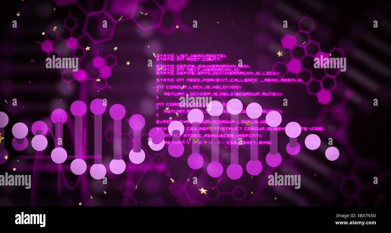 Displaying stylized DNA helix of circles in data field with hexagonal pattern, stars, code snippets Stock Photo