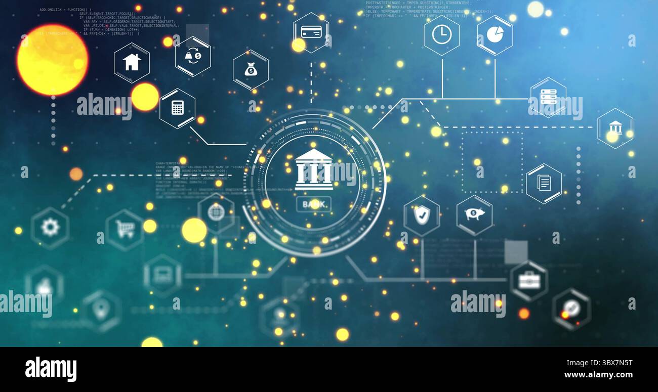 Displaying circular banking interface linking hexagonal icons on teal network, with building icon Stock Photo