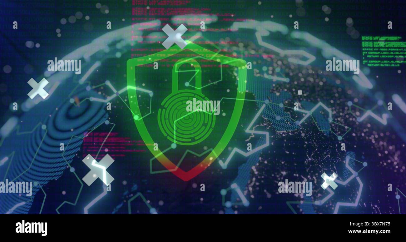 Displaying green shield icon featuring padlock and fingerprint over globe mesh in data network Stock Photo