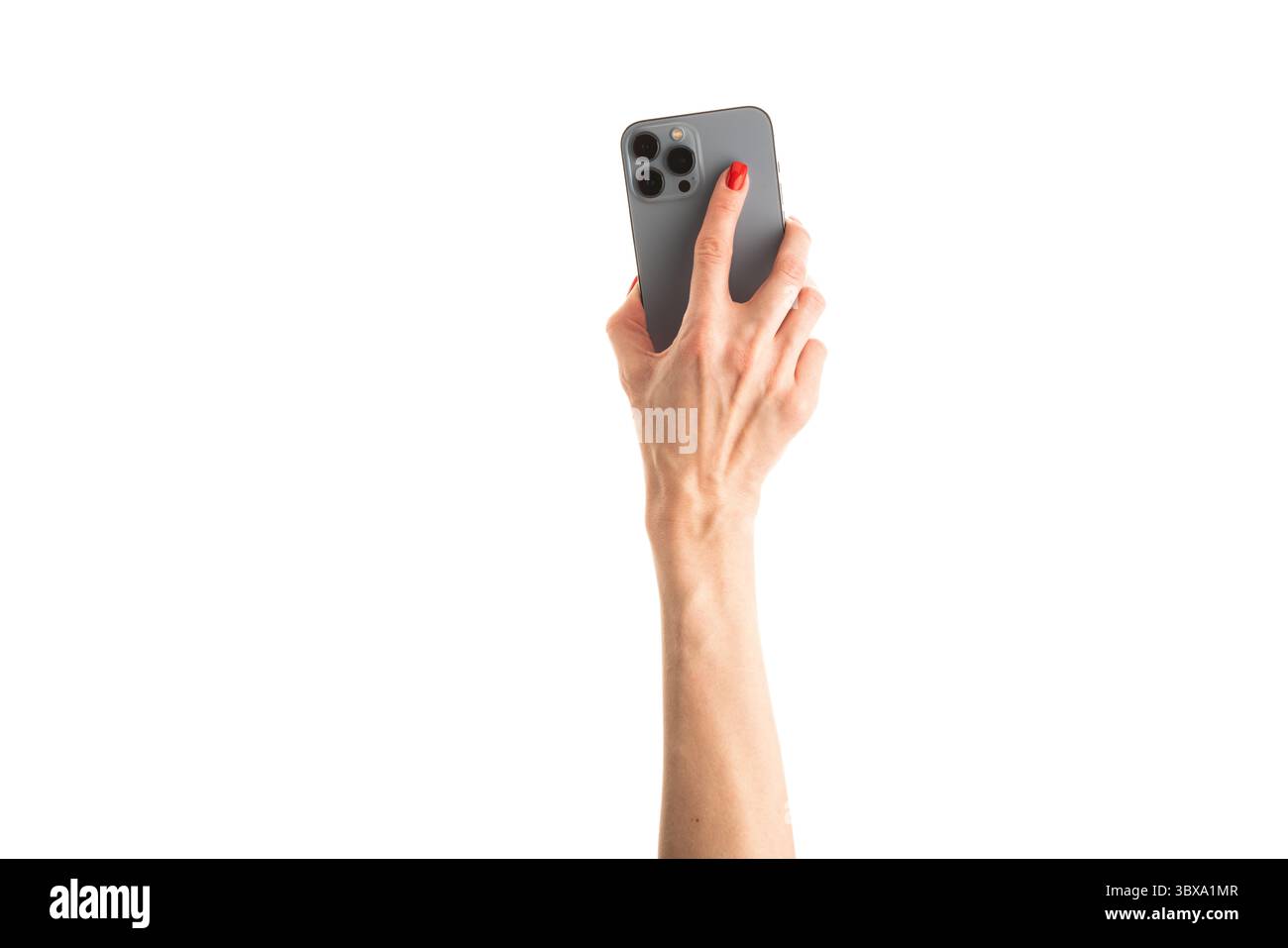 Smartphone in female hand isolated on white background Stock Photo - Alamy