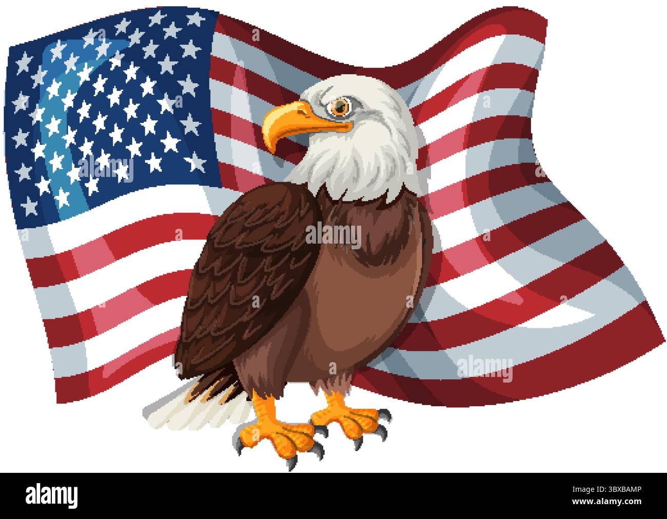 Vector illustration of a bald eagle in front of a waving American flag ...
