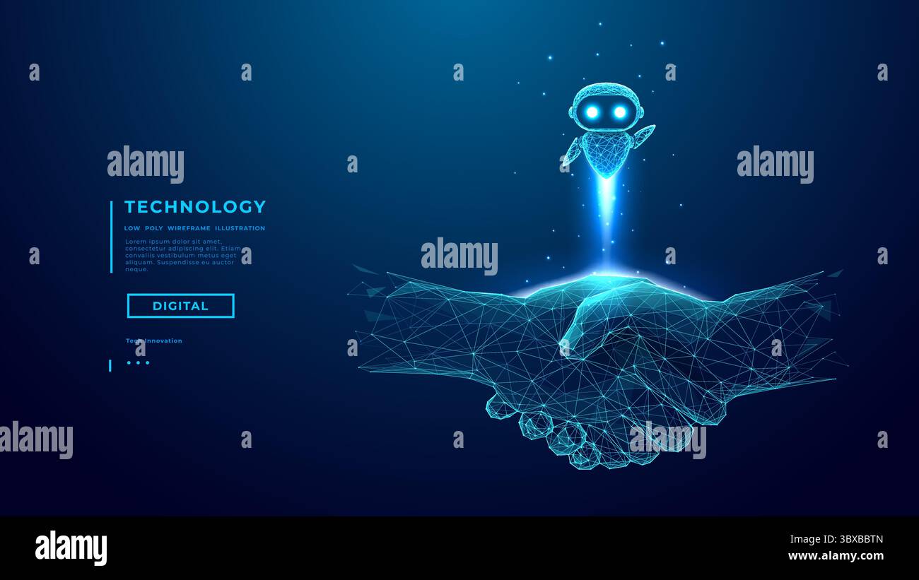 AI Robot Fly Over Digital Handshake on Technology Blue Background. Stock Vector