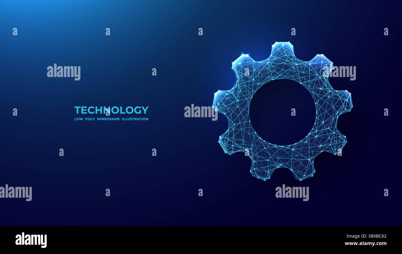 Abstract Technology Gear in Digital Low Poly Blue Wireframe Style. Stock Vector