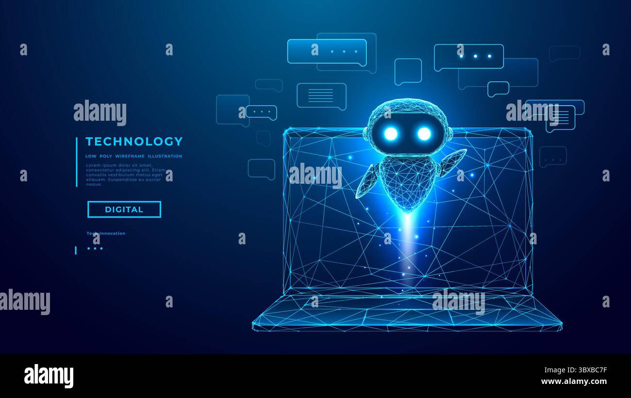 AI Robot or Chatbot with Speech Bubbles Fly Over Opened Laptop Stock Vector