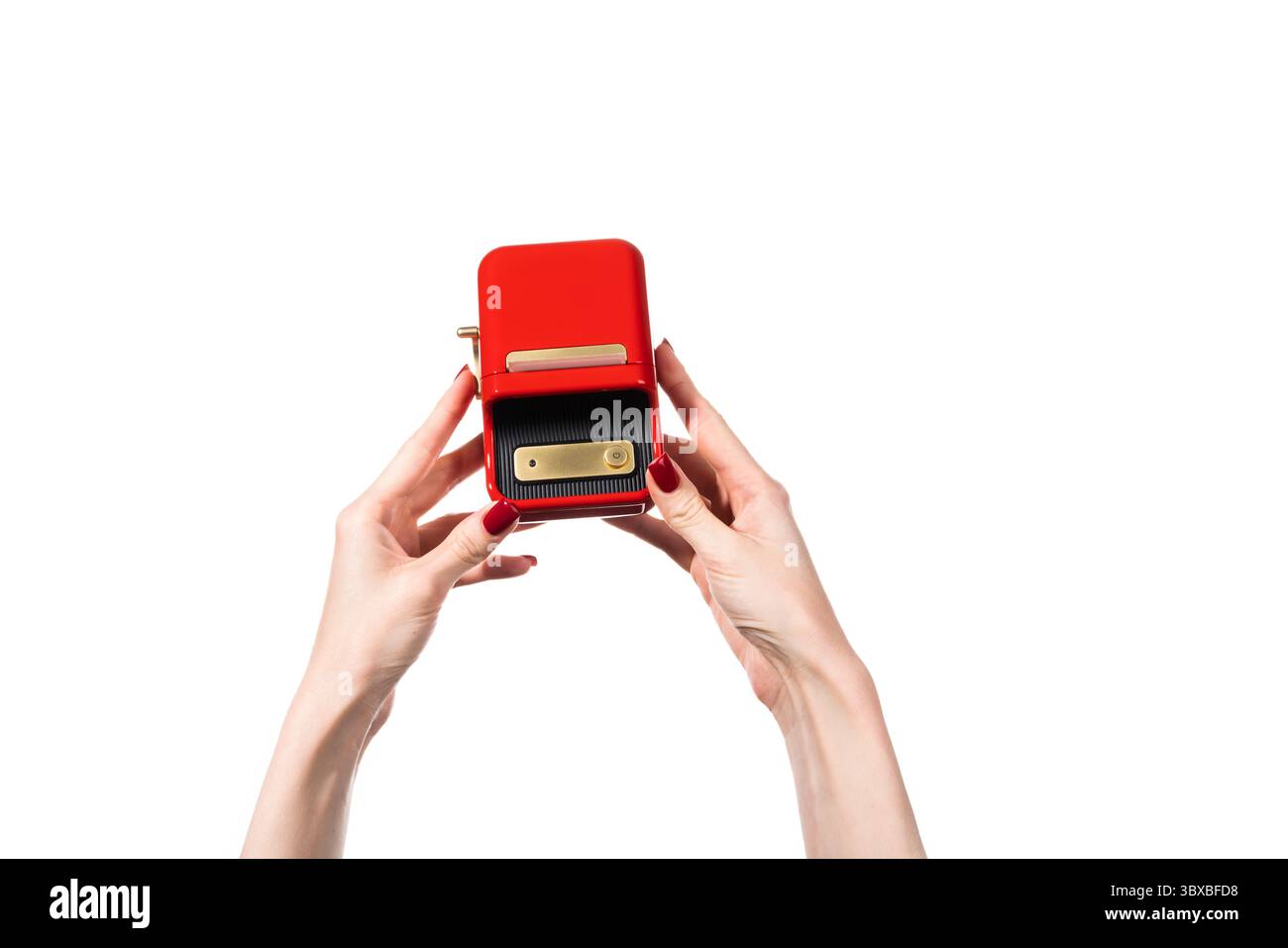 Small red printer for printing labels isolated on white background. Stock Photo