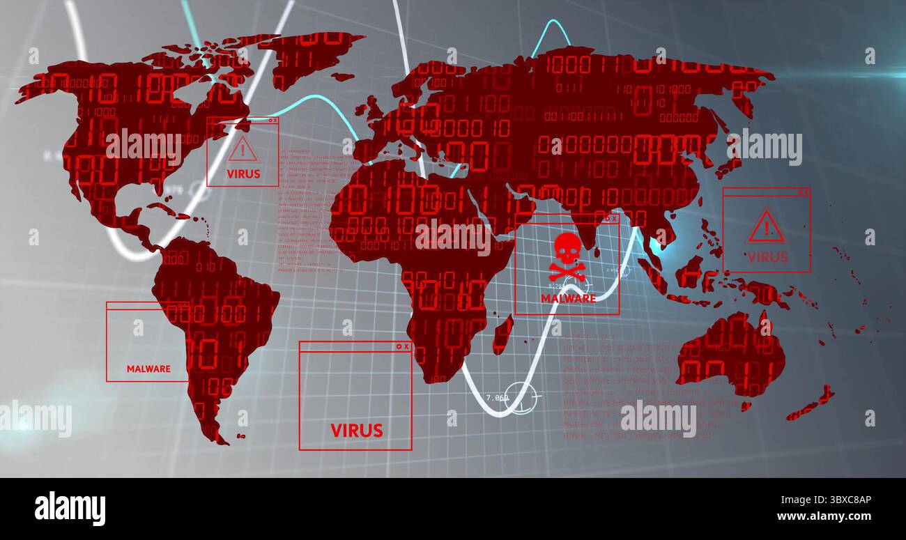 Displaying security panel tracking malware with red world map, data overlays and warning callouts Stock Photo