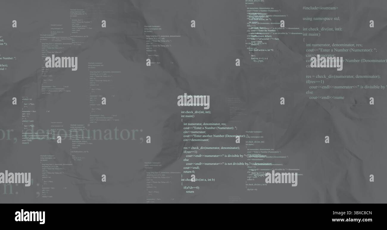 Displaying central cluster of white C++ code forming block on crumpled gray backdrop, coding theme Stock Photo