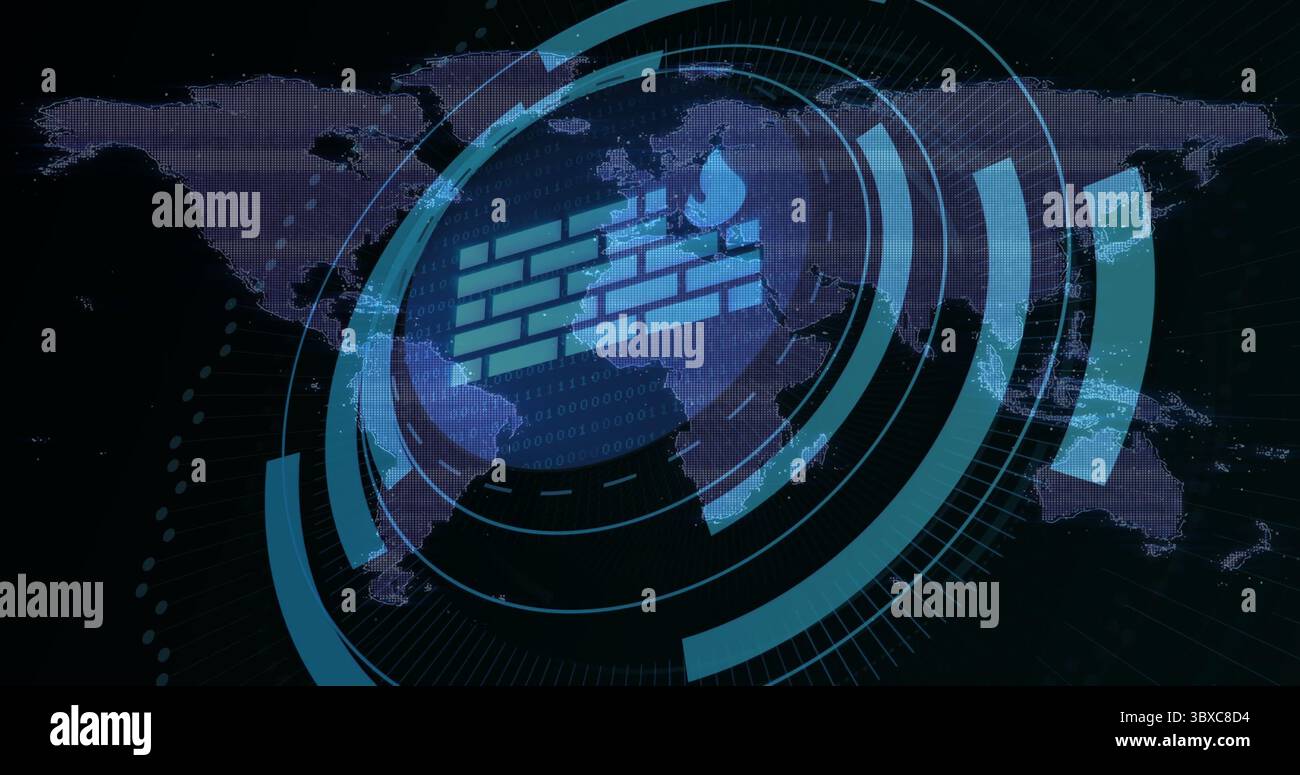 Overlaying central firewall symbol on dashboard interface, with world map, HUD and binary code Stock Photo