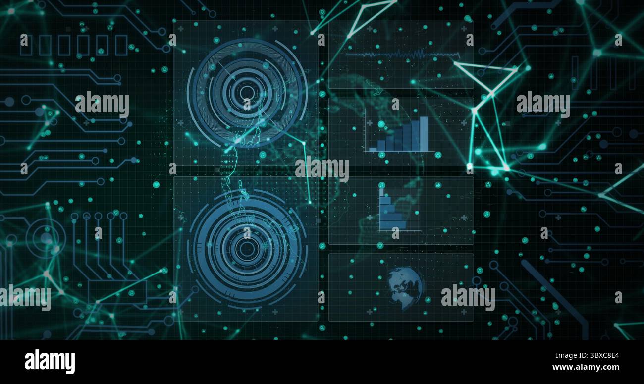 Displaying five data panels in virtual control panel, with glowing ...