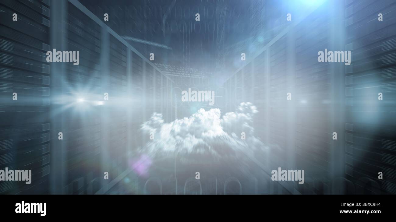 Holographic cloud is floating inside 3D render data center corridor with server racks, binary code Stock Photo