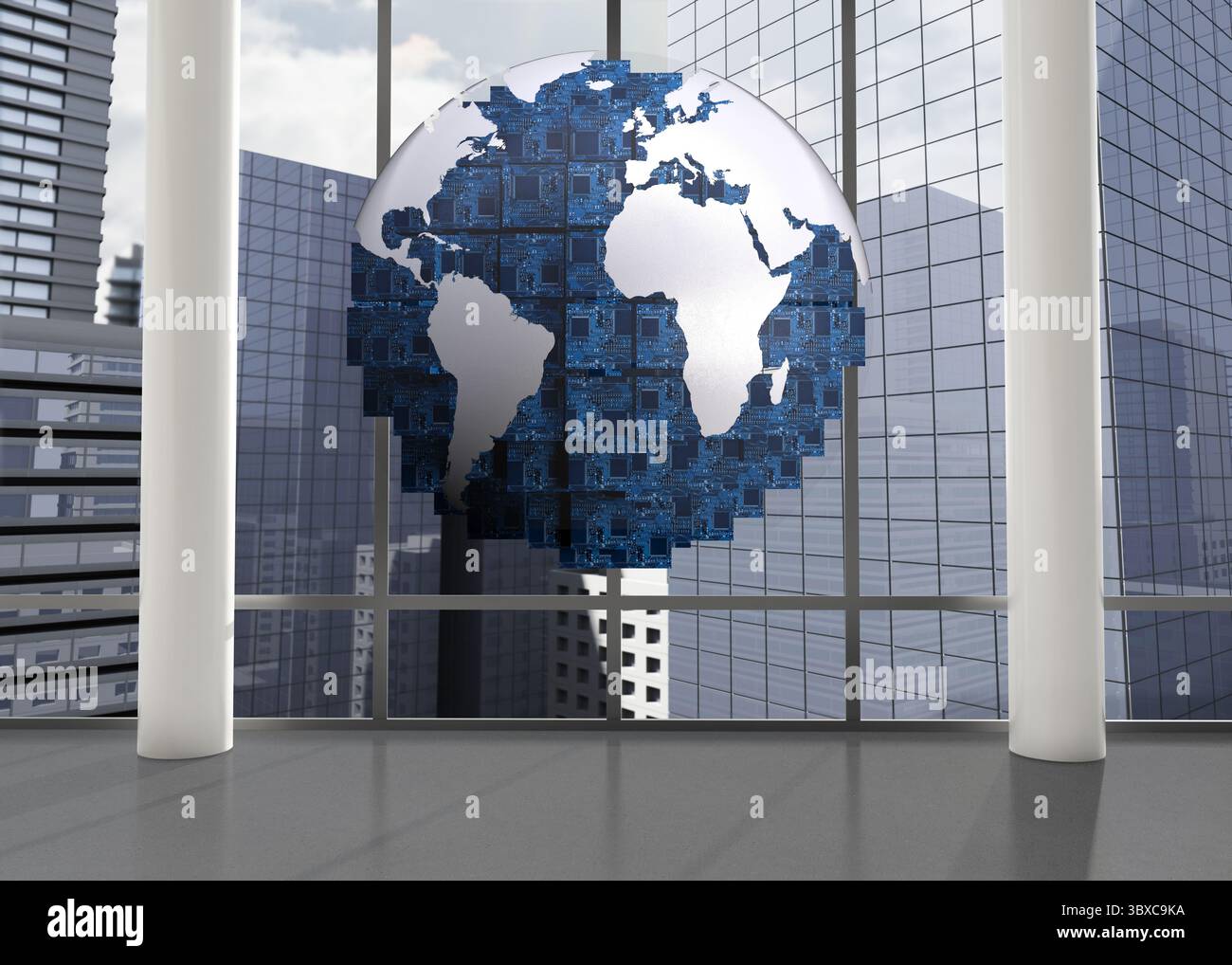 Digital globe floating in room Stock Photo