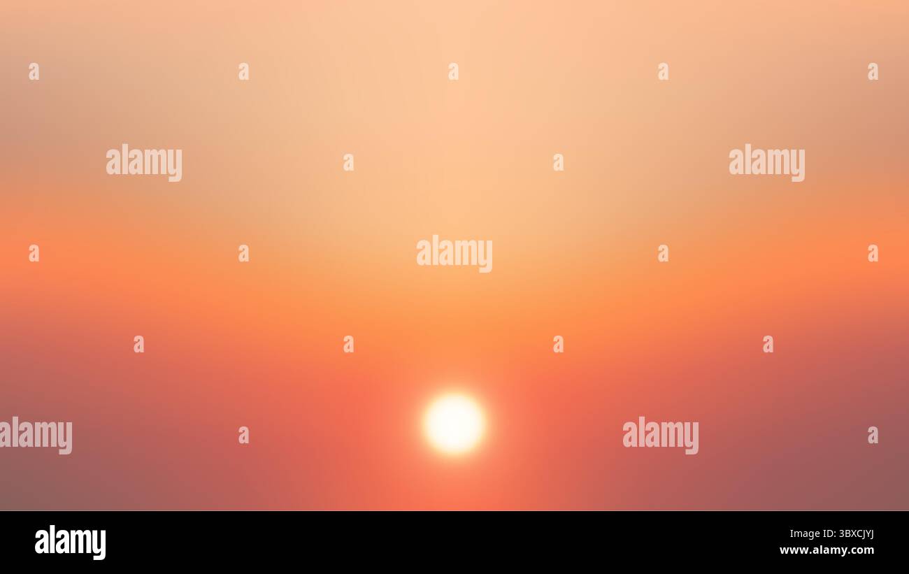 peaceful outdoor sunset scene showing a glowing low sun in a vibrant orange and pink gradient sky background. Captured at dusk, this nature moment rad Stock Vector