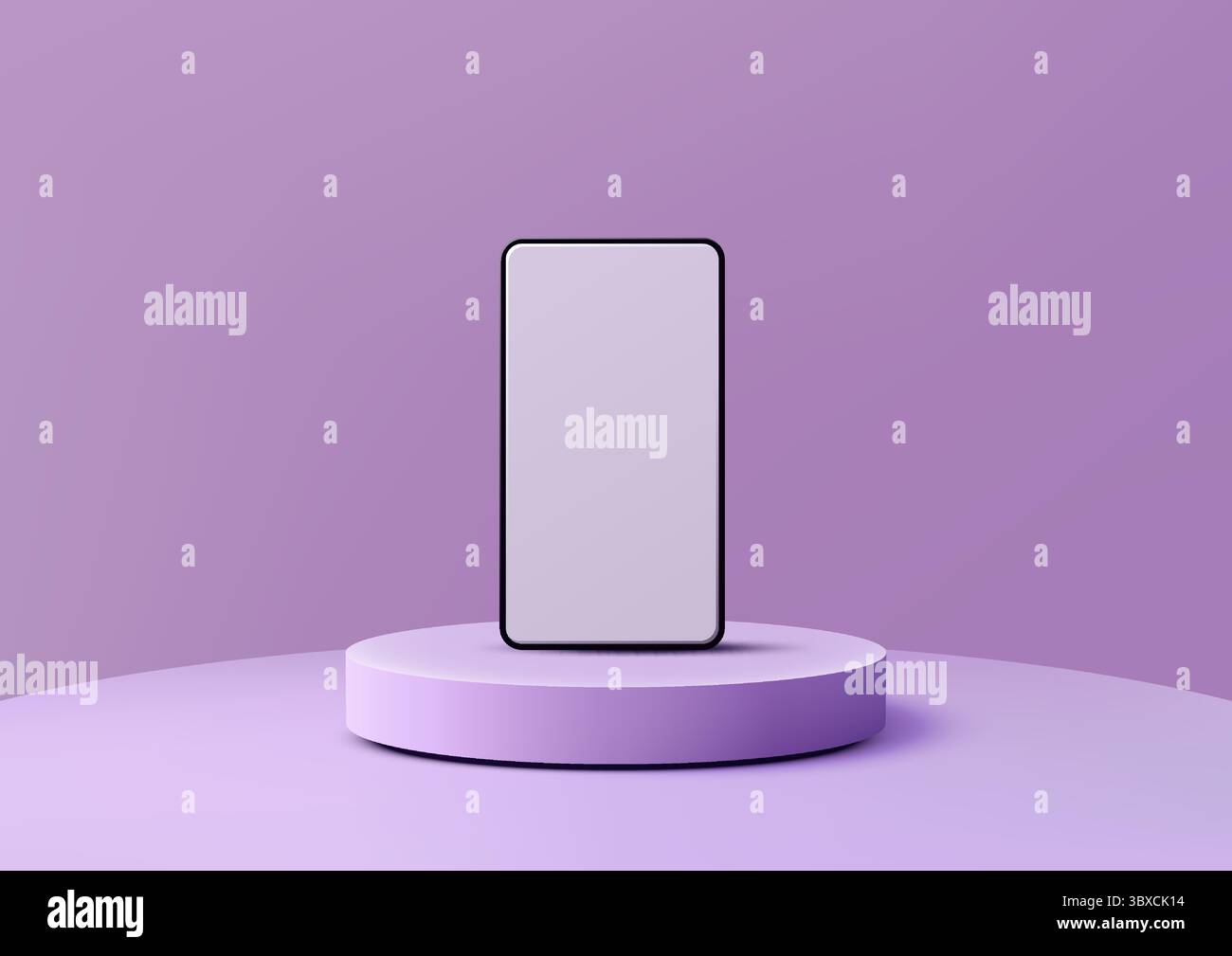 black smartphone mockup stands upright on a purple podium in a minimal showroom scene, perfect for showcasing mobile apps or tech products in clean fu Stock Vector