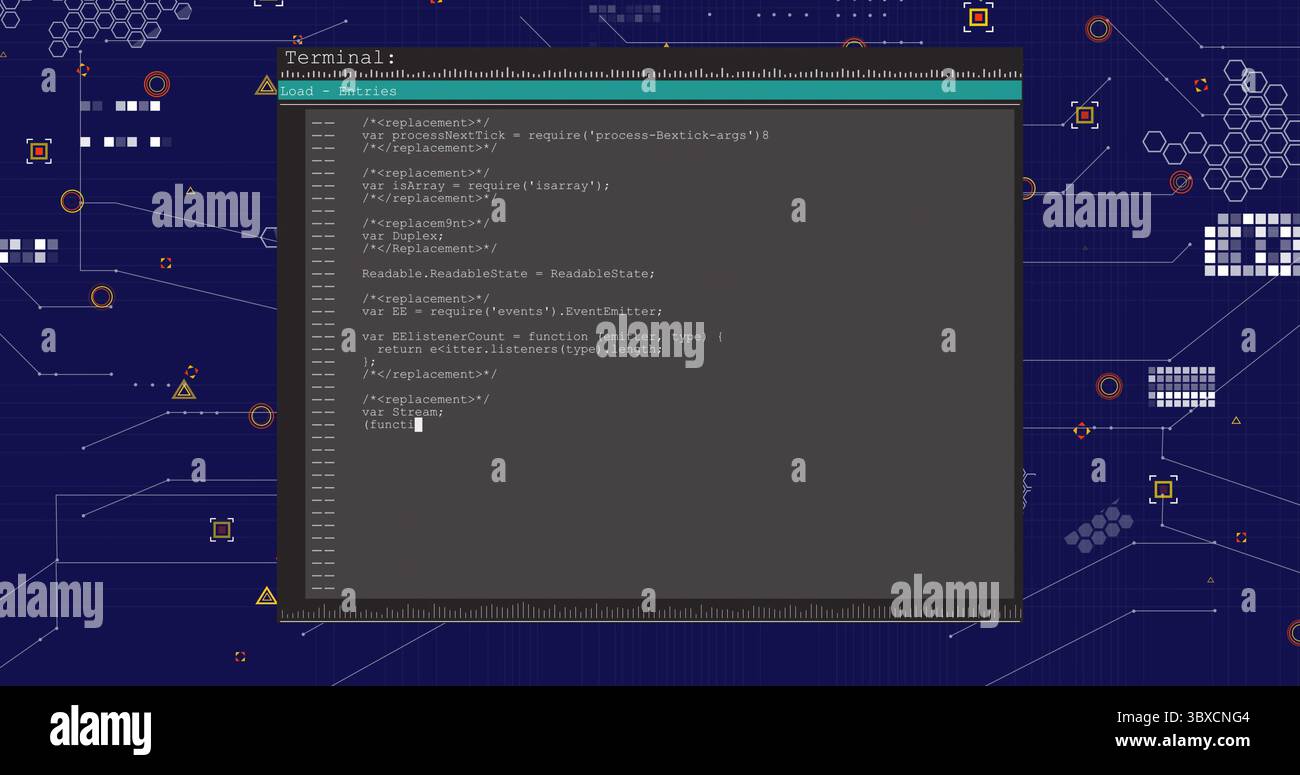 Displaying terminal window showing JavaScript code on blue circuit board, with hexagons and nodes Stock Photo