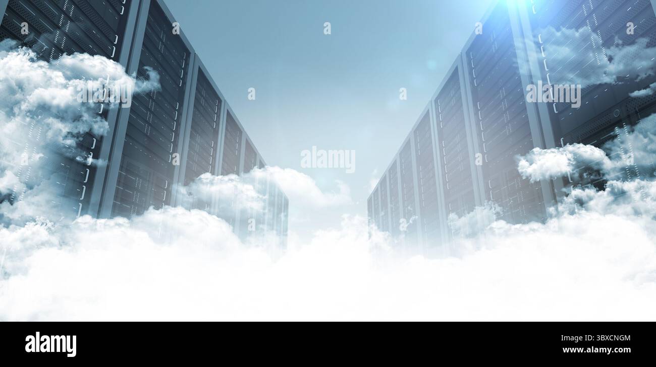Cloud computing corridor is being shown in 3D render, with server racks, clouds and lens flare Stock Photo