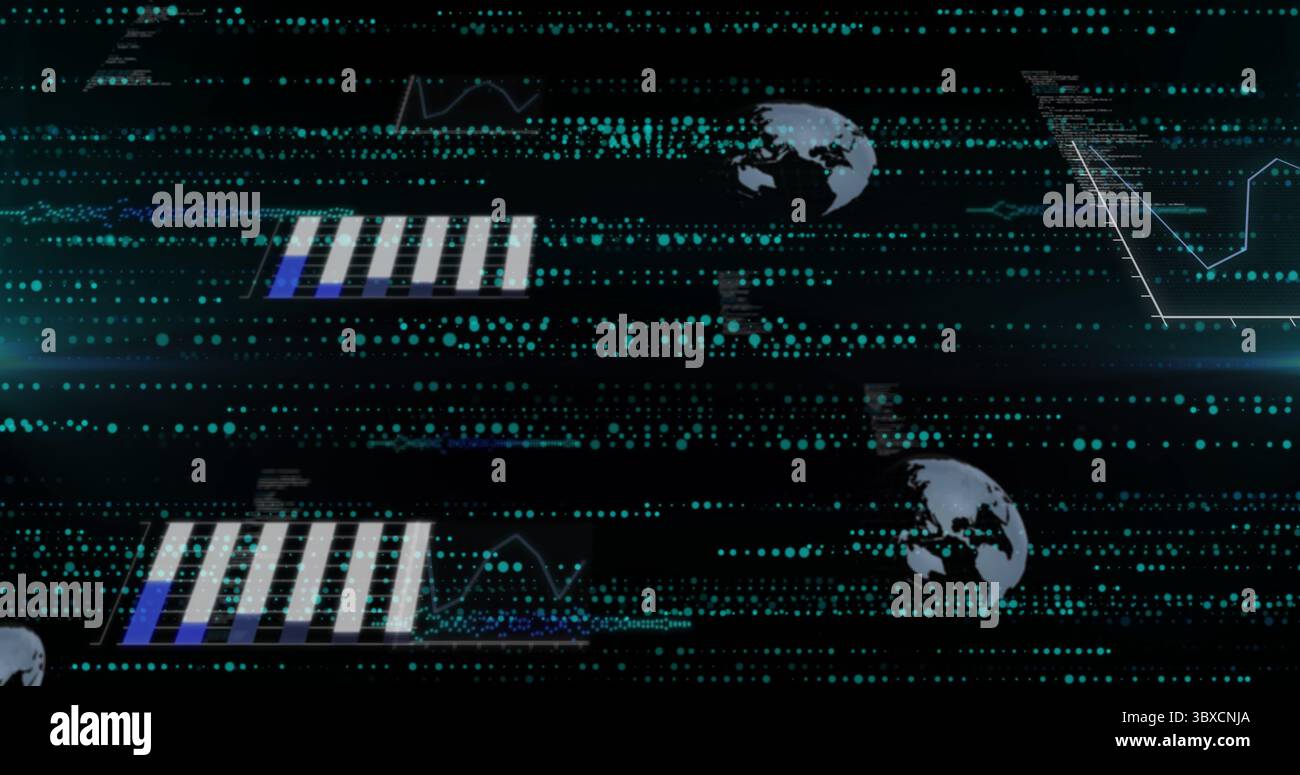 Displaying digital dashboard streaming data dots in virtual interface, with bar charts, globe icons Stock Photo