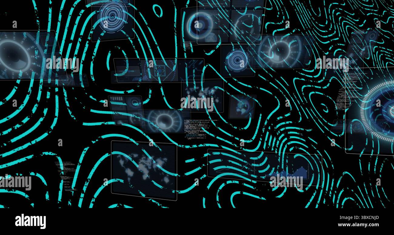 Displaying abstract digital interface showing teal contours in VR ...