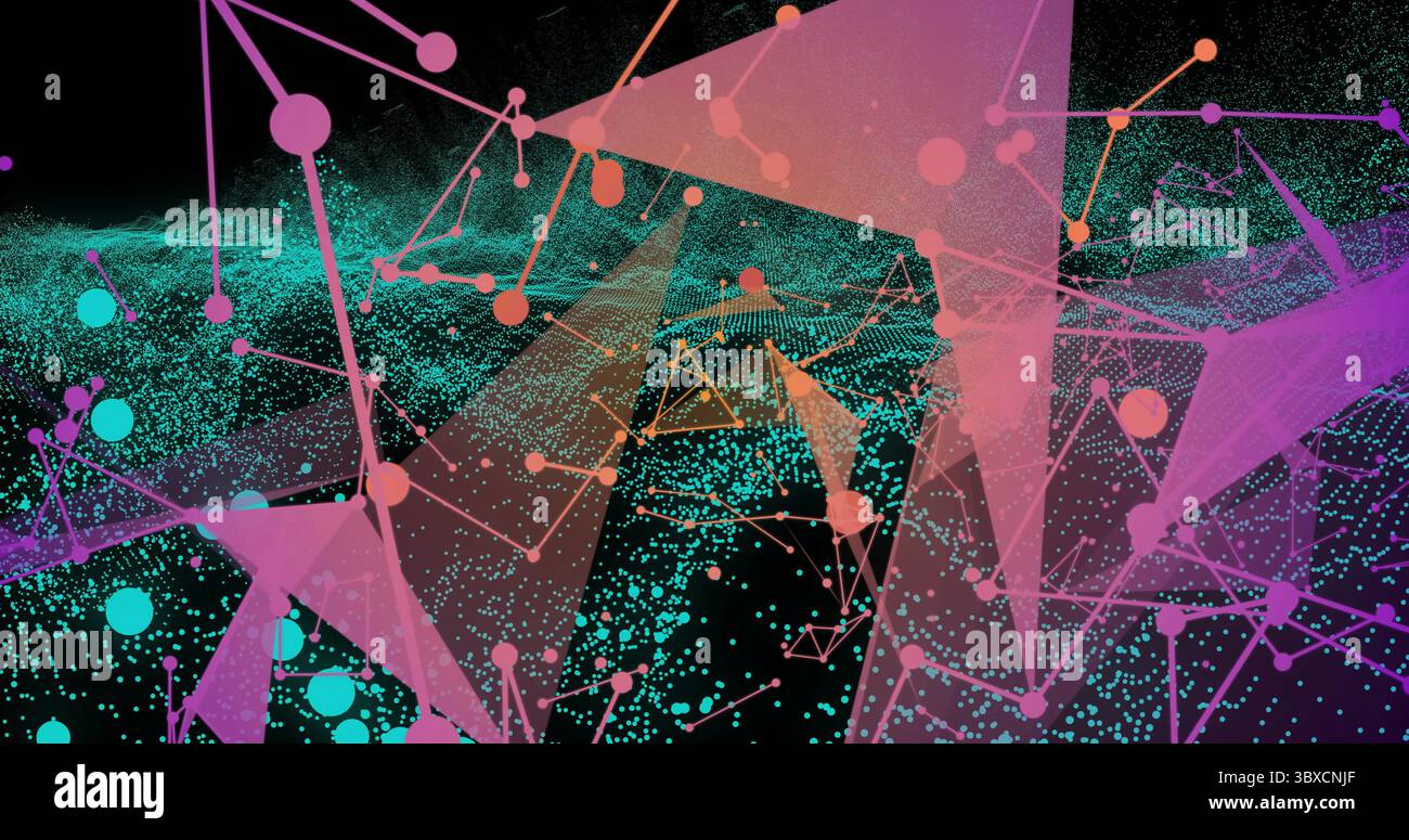 Displaying 3D network graph in virtual space with colored nodes, edges and mesh overlay Stock Photo