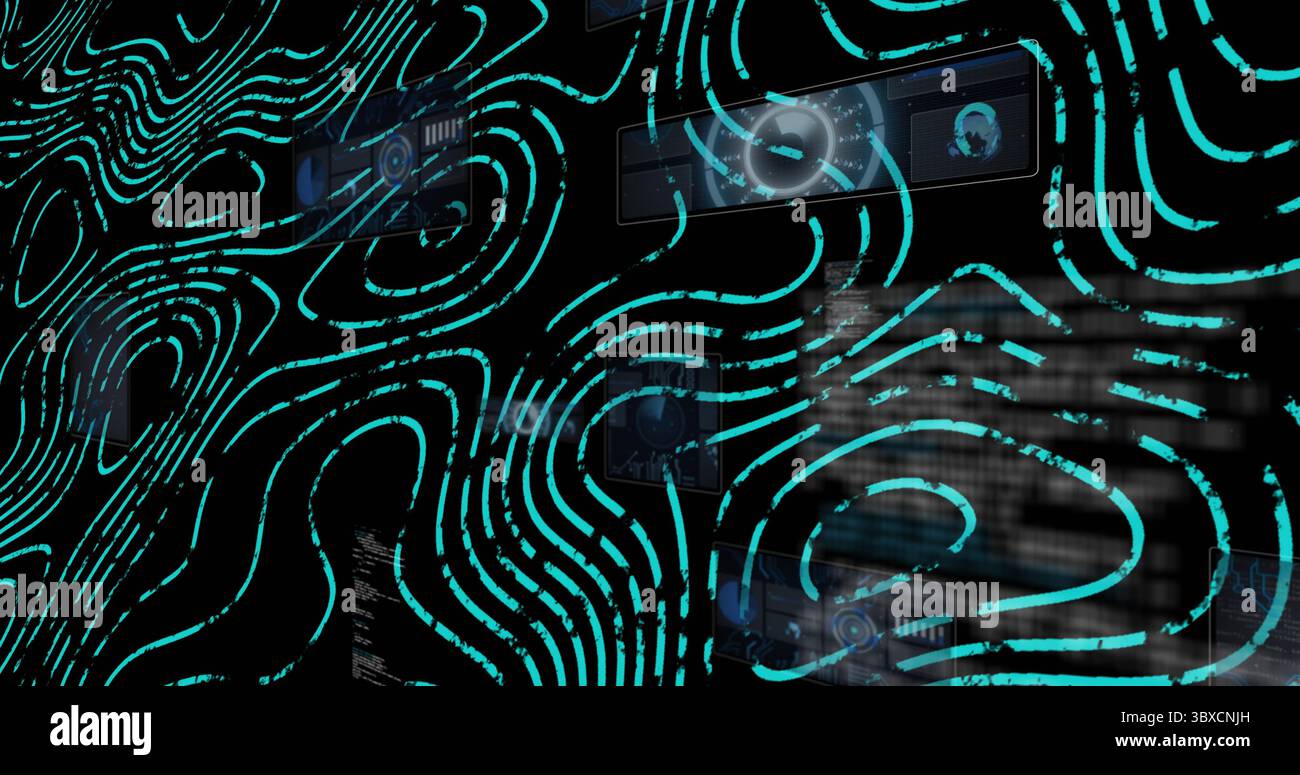Displaying turquoise contours weaving through dashboard featuring panels, gauges, map, charts, code Stock Photo