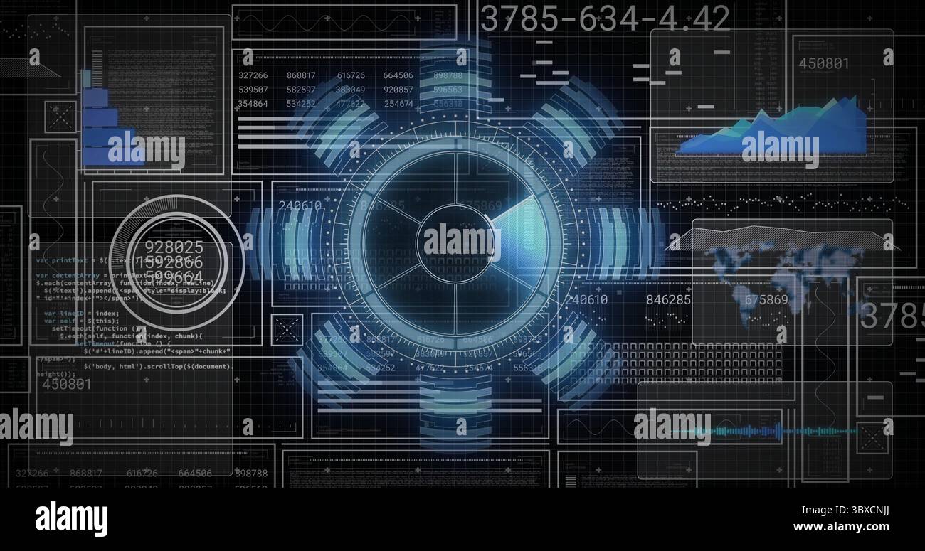 Displaying central circular HUD emitting radial segments in dashboard, with code charts and map Stock Photo