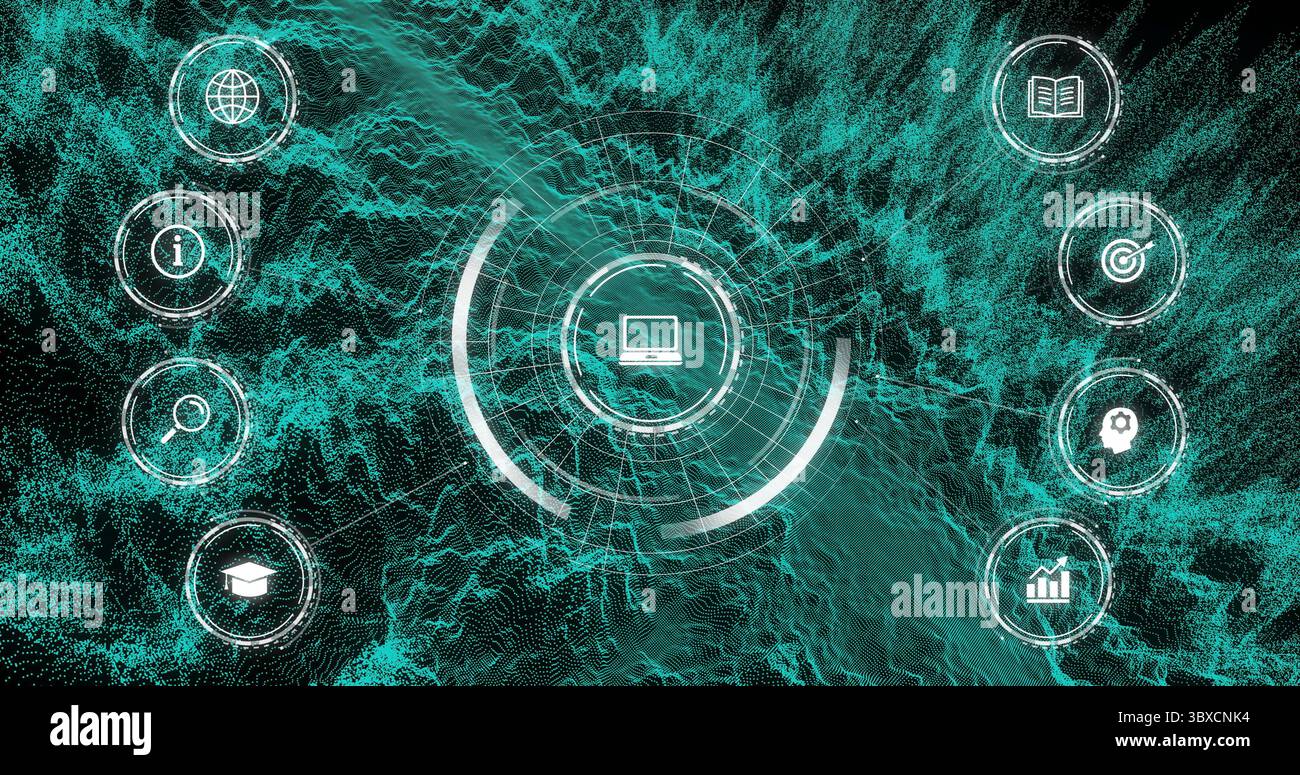 Displaying laptop interface glowing inside rings over teal waveforms in network, with eight icons Stock Photo