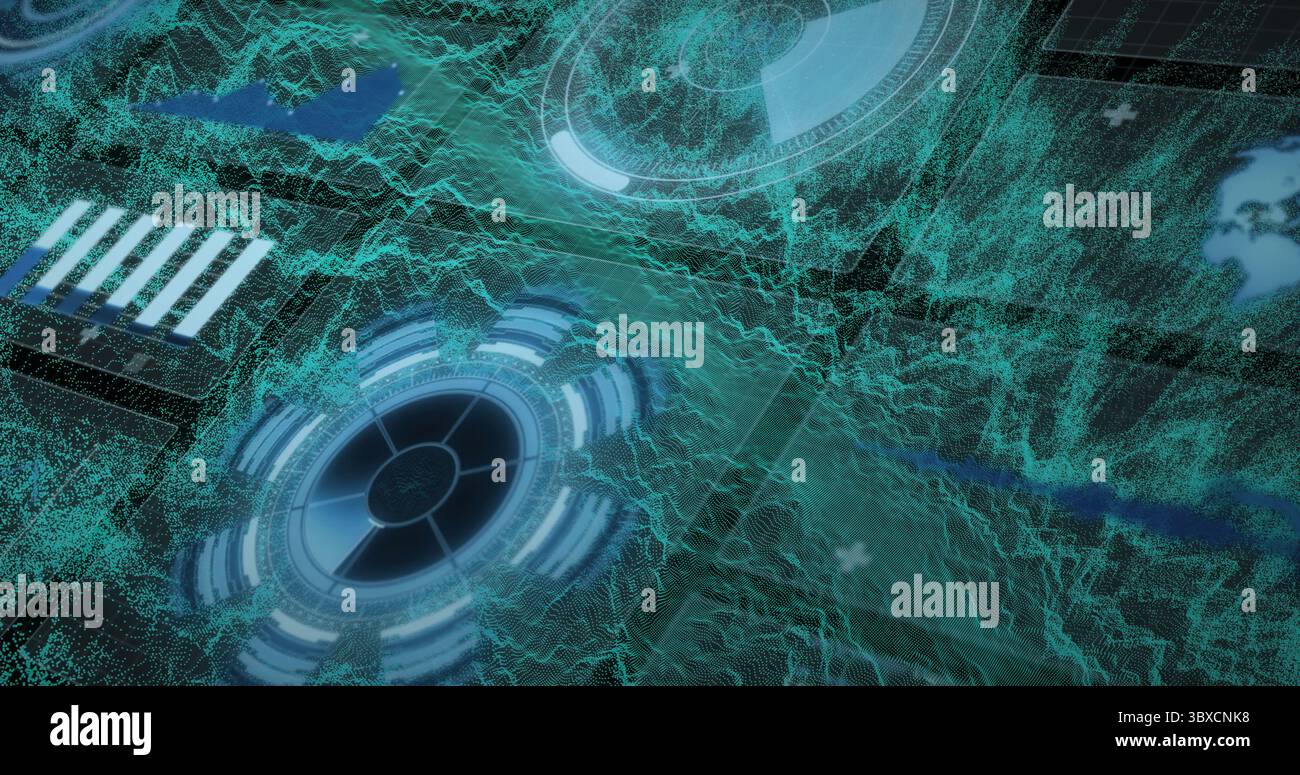 Displaying teal wireframe mesh in cyberspace, with circular HUD interfaces and data panels Stock Photo