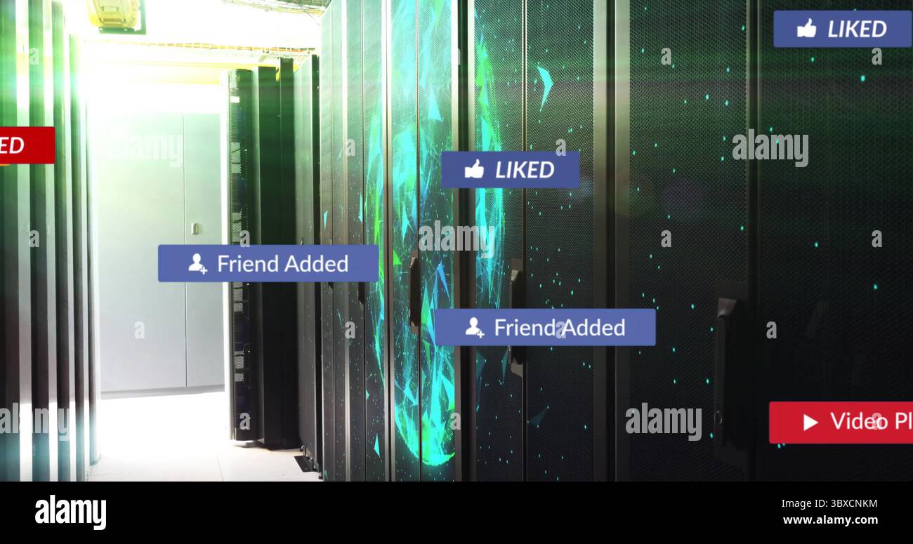 Showing server racks lining data center corridor, with LED lights and ...