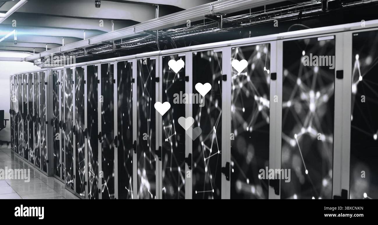 Displaying server racks, LED lights and overhead cable trays holding network cables in datacenter Stock Photo