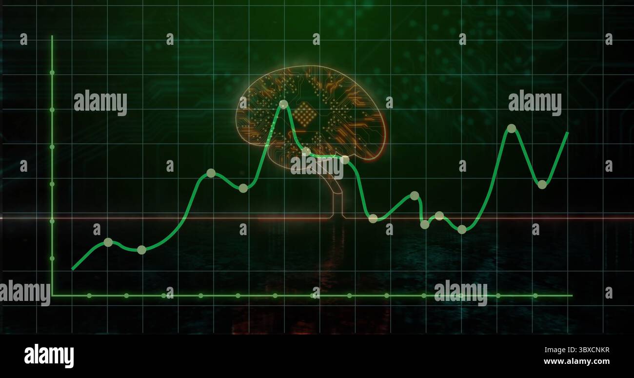 Floating glowing brain circuit above neon graph with data nodes, on digital grid Stock Photo