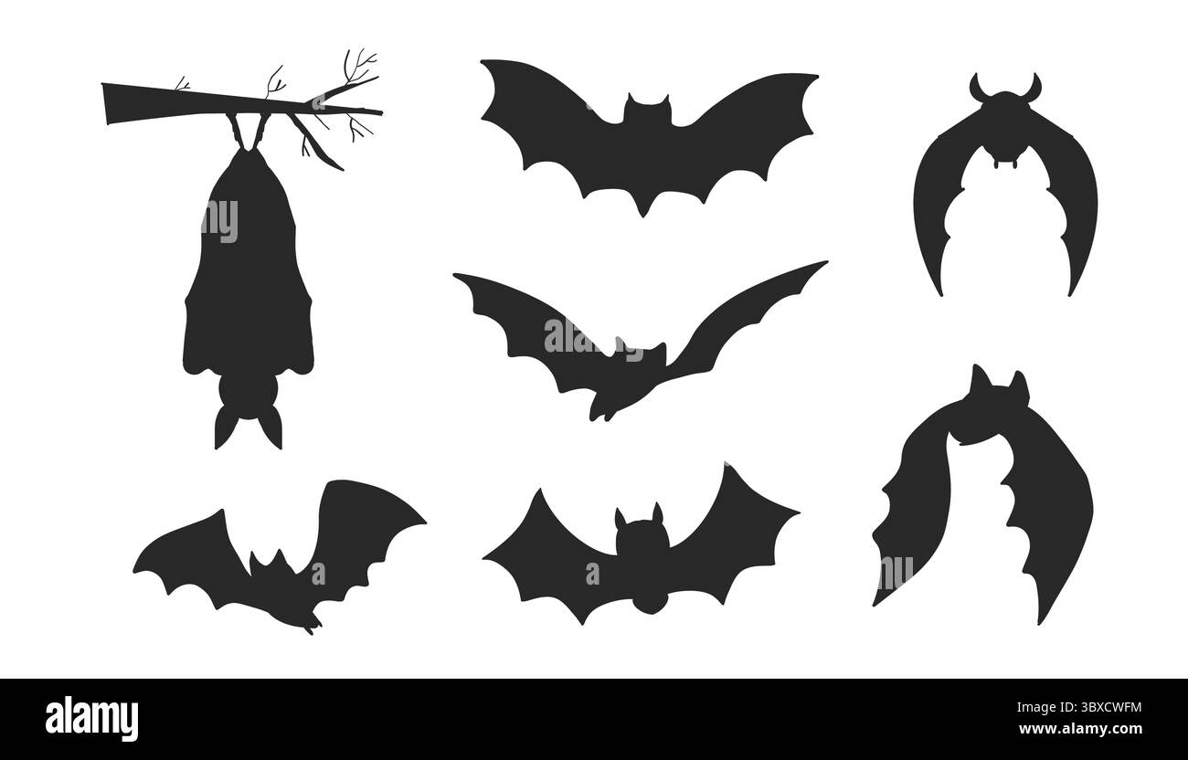 Collection of Halloween bat silhouettes. Hanging black bats with ...