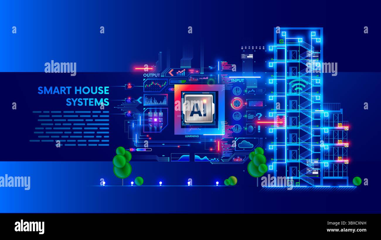 Development AI computer systems of smart building. Engineering of building construction, communication, electricity with AI controls. A drawing of a b Stock Vector