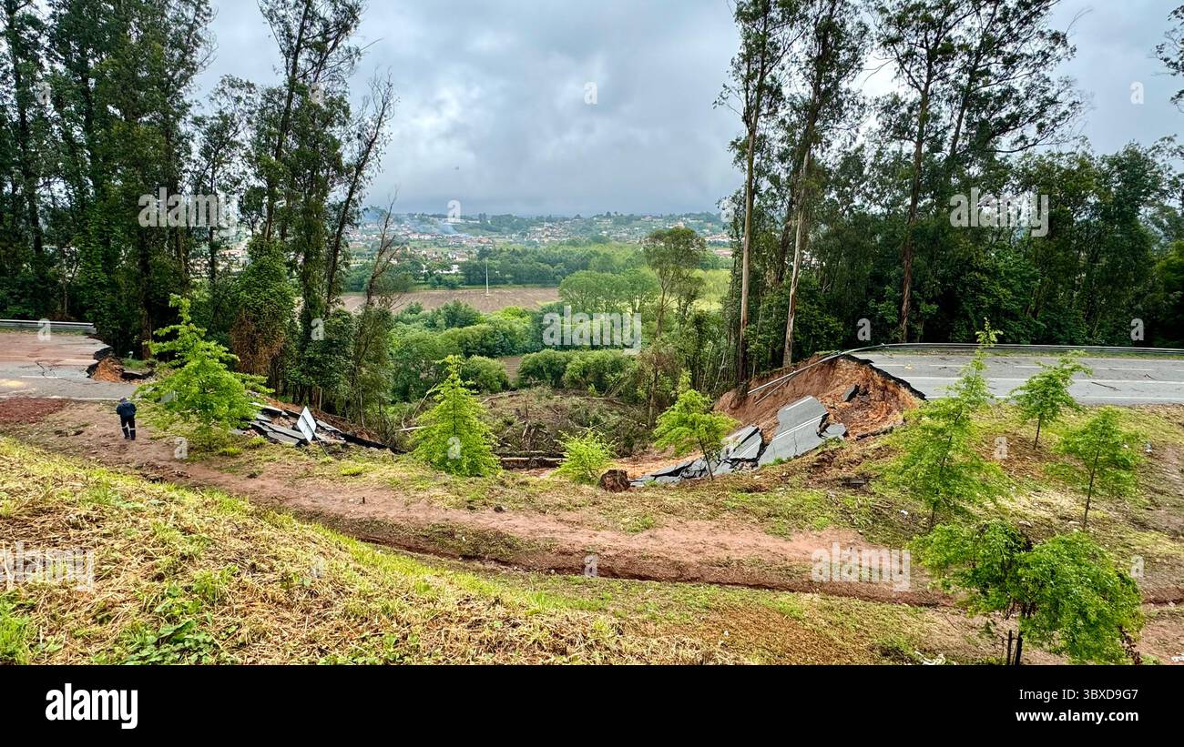Landslide and collapse of a road in rural Portugal - Smartphone Captured Stock Image