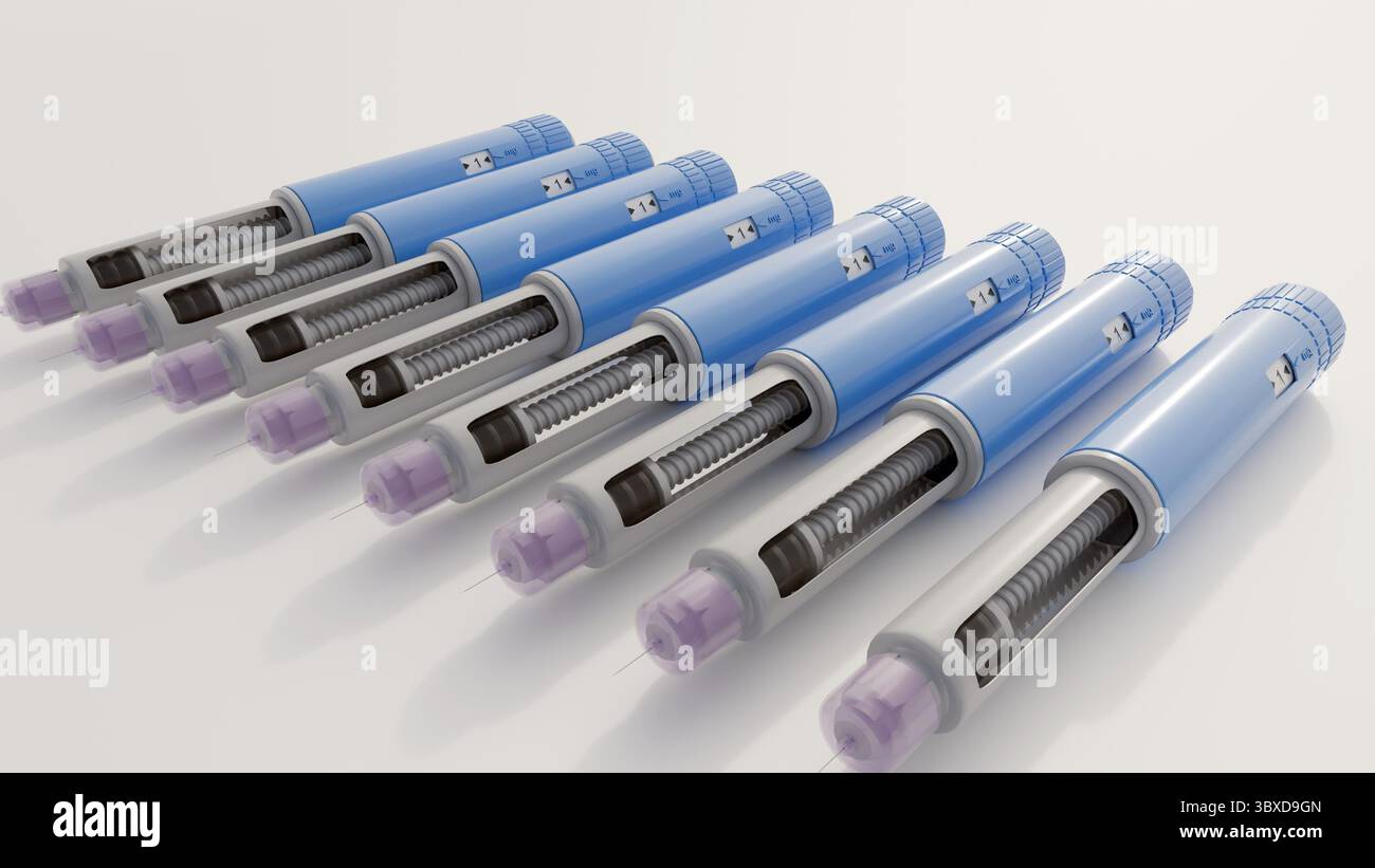 glp 1 prefilled syringe A 3d rendering of pre-filled GLP-1 receptor agonist pens, used for the treatment of type 2 diabetes or for weight management Stock Photo