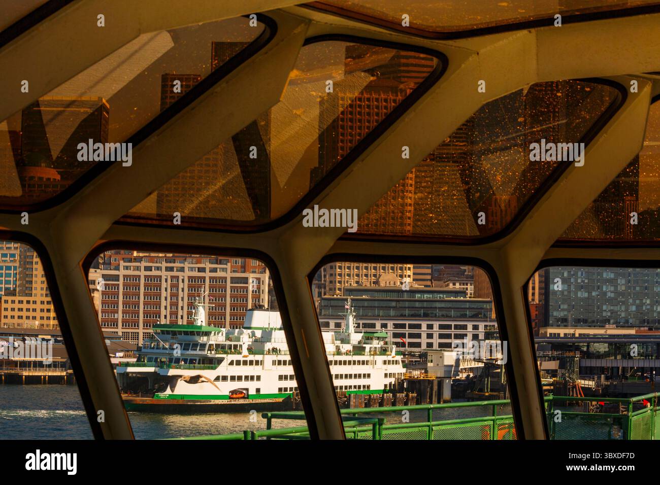 Downtown Seattle views from a Puget Sound ferry window, Seattle, Washington Stock Photo