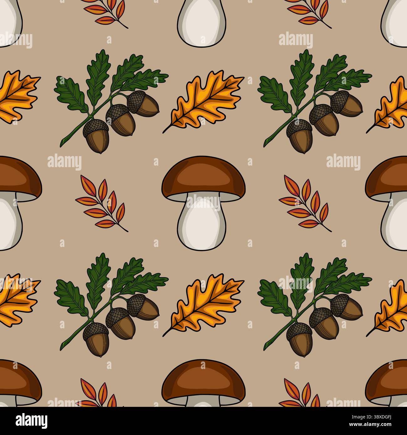 Seamless vector pattern featuring autumnal elements: mushrooms, acorns, oak leaves, and branches, creating a charming and rustic design ideal for fall Stock Vector