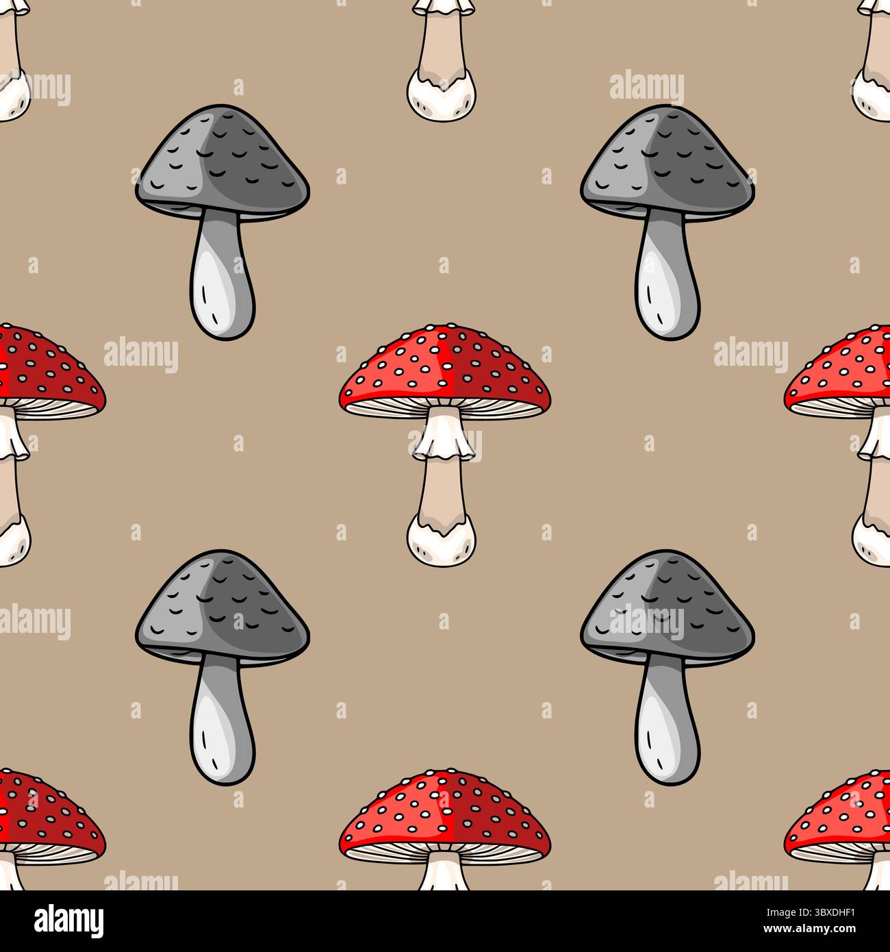 Seamless vector pattern featuring hand-drawn illustrations of red fly agaric and grey mushrooms on a beige background, creating a whimsical autumnal d Stock Vector