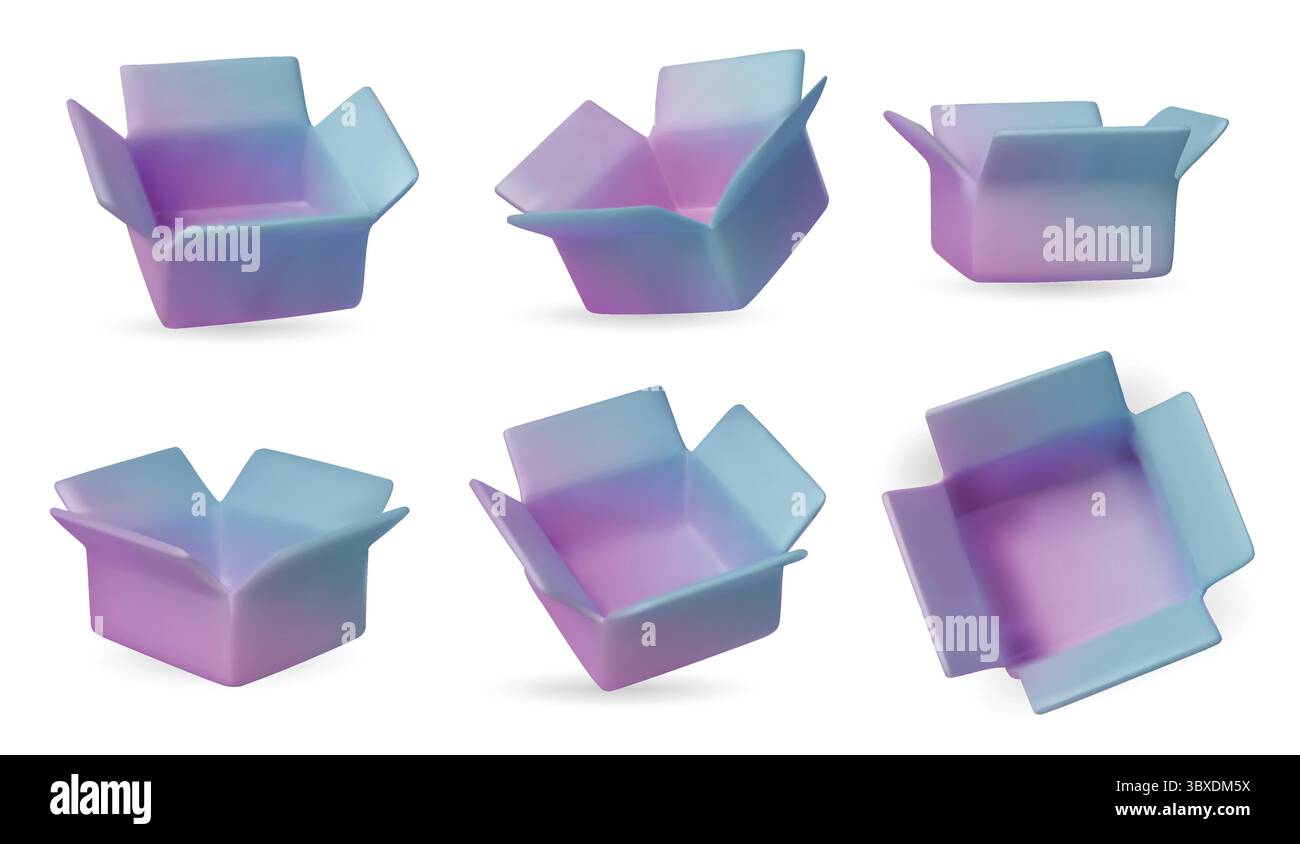 Collection of isometric open boxes on white background. Ideal for delivery, shipping, packaging, and online store visuals. Stock Vector