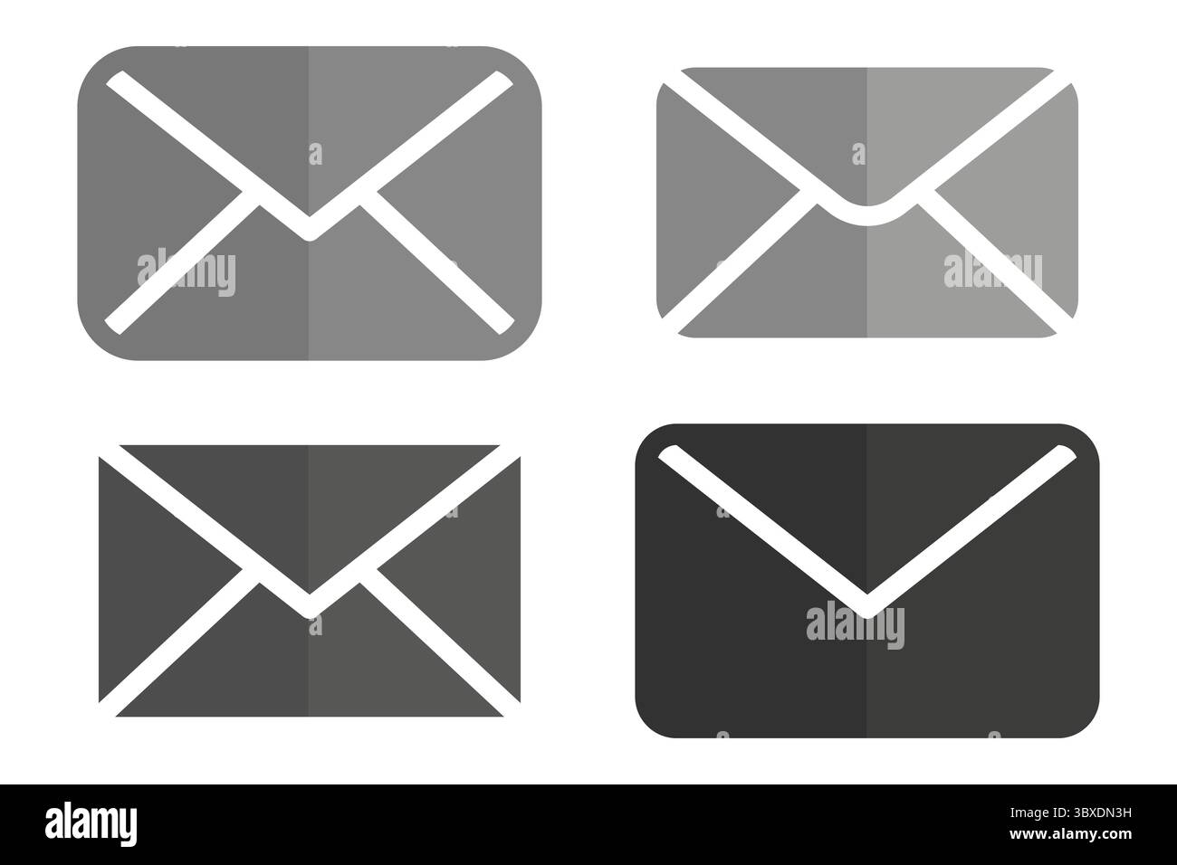 Envelope icon set. Monochrome mail symbols. Flat postal Vector. Simple grayscale pack. Stock Vector