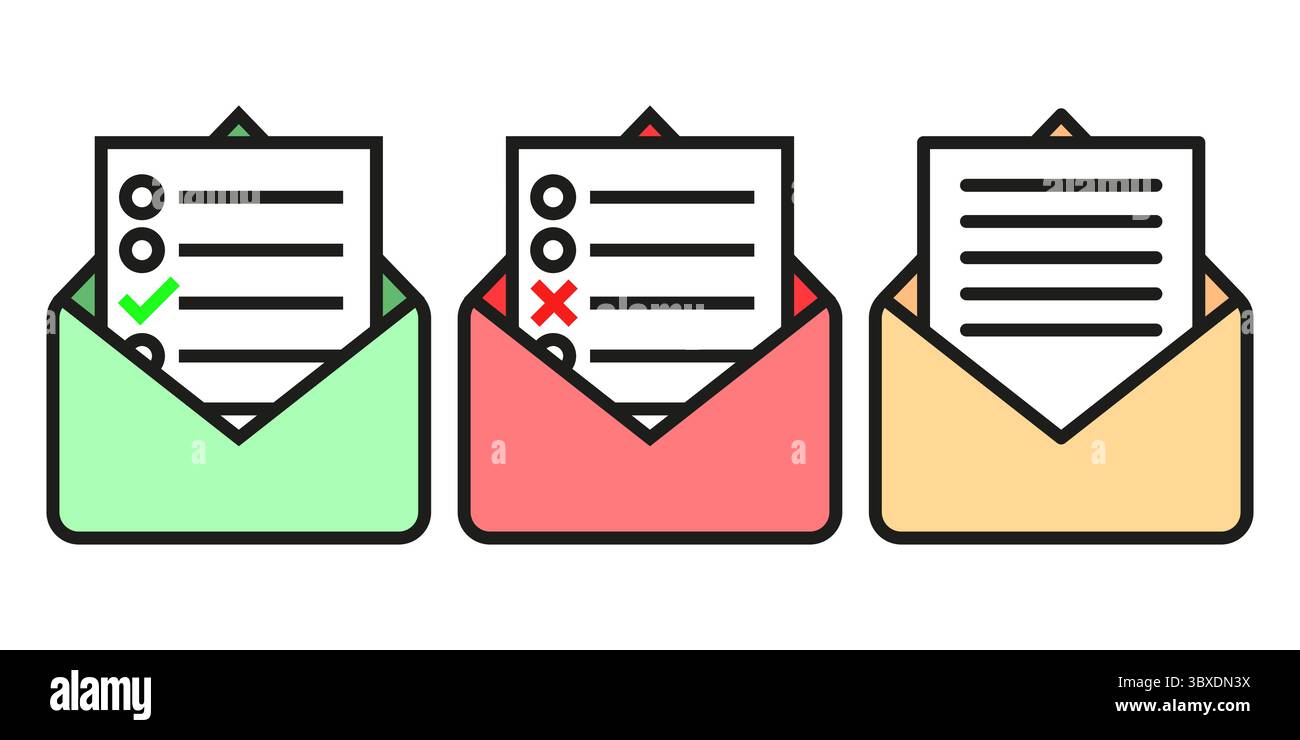 Checklist mail icons. Approved rejection envelopes. Survey response ...