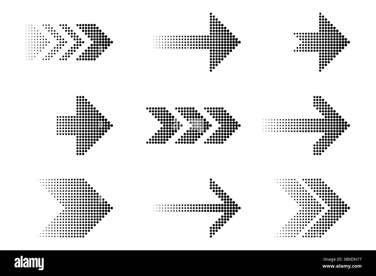 Dotted arrows collection. Halftone pointer icons. Directional vector symbols. Gradient arrow shapes. Stock Vector