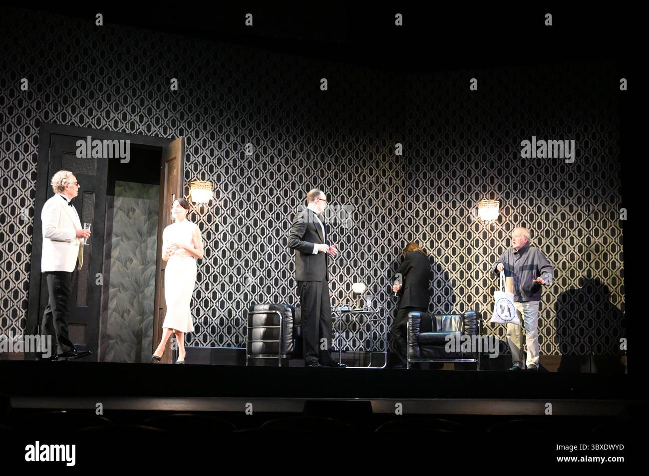 The Festival d'Avignon 'IN', 2025 'The Wild Duck', play by Thomas Ostermeier based on the text by Henrik Ibsen, performed in German at the Opéra du Grand Avignon, on 5 July 2025    with Thomas Bading, Marie Burchard,Stephanie Eidt, Marcel Kohler, Magdalena Lermer, Falk Rockstroh, David Ruland, Stefan Stern credit:Jacky Godard/Photo12 Stock Photo