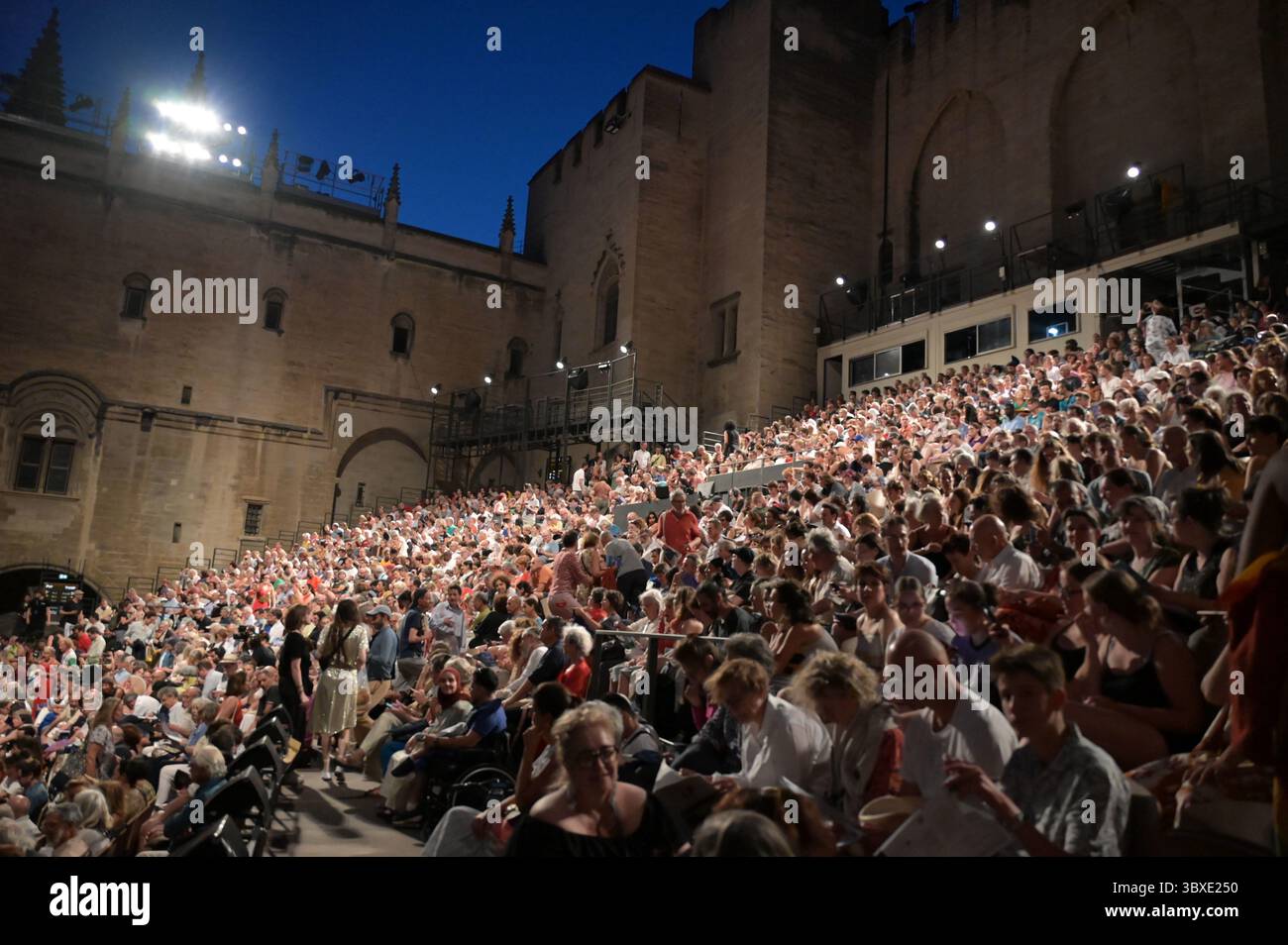 The Festival d'Avignon 'IN', 2025 Concert 'La voix des femmes' (The voice of women). A celebration of the 50th anniversary of the death of Oum Kalthoum  Cour d'honneur of the Palais des Papes, 14 July 2025    With Natacha Atlas, Danyl, Camelia Jordana, Souad Massi, Abdullah Miniawy, Maryam Saleh, Rouhnaa et Oussama Abdelfattah, Uriel Barthelemi, Khalil Chekir, Kevin Cortes, Marwan Fakir, Mohanad Aljaramani  Outside eye Youness Anzane credit:Jacky Godard/Photo12 Stock Photo