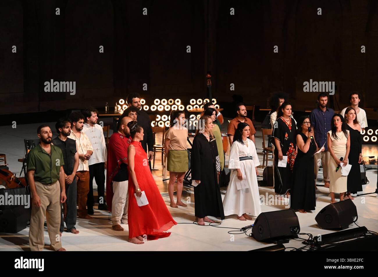 The Festival d'Avignon 'IN', 2025 'Nour. A poetic celebration of the Arabic language', created with the Institut du Monde Arabe, performed in the courtyard of the Lycée Saint-Joseph, on 15 July 2025.    With Mohammed Al-Qudwa, Lynn Adib, Nadim Bahsoun, Rim Battal, Nawel Ben Kraïem, Walid Ben Selim, Rodolphe Burger, Abo Gabi, Naïssam Jalal, Nidhal Jaoua, Ahmad Katlesh, Sary & Ayad Khalifé, Walter Laureti, Mahdi Mansour, Emel Mathlouthi, Abdullah Miniawy, Hala Mohammad, Ashtar Muallem, Jumana Mustafa, Lobna Noomene, Naghib Shanbehzadeh and Samaa Wakim. credit:Jacky Godard/Photo12 Stock Photo