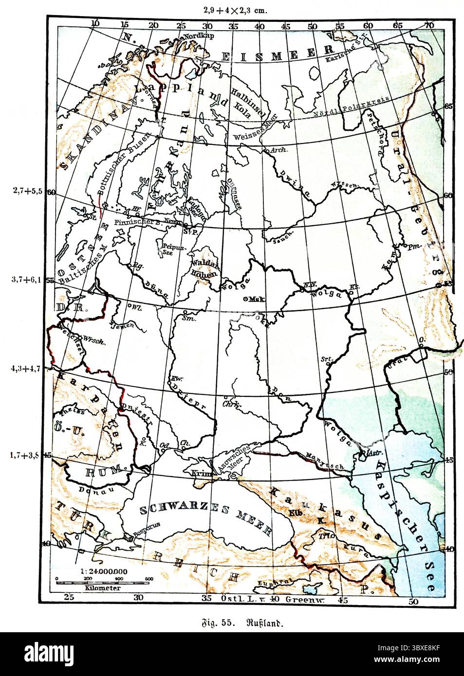 Russia, historical geographical map, topography, Arctic Ocean, Black Sea, Baltic Sea, Caucasus, Crimea, Dnieper, Moscow, Carpathians, Lapland, Turkish Stock Photo