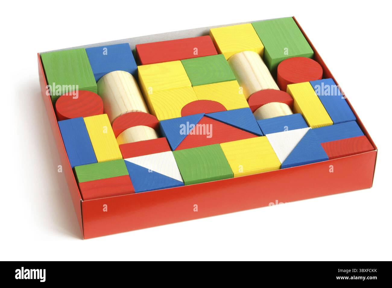 Wooden building blocks in box on a white background Stock Photo - Alamy